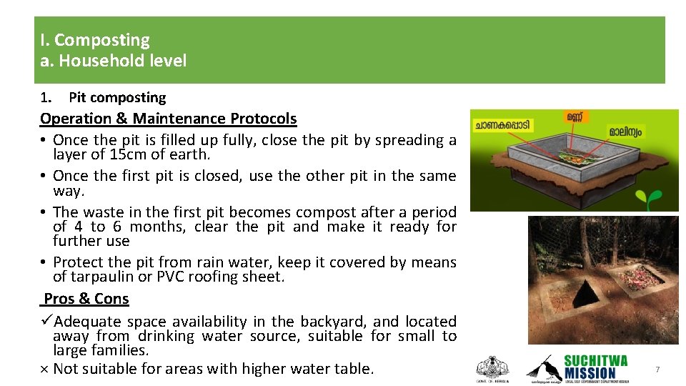 I. Composting a. Household level 1. Pit composting Operation & Maintenance Protocols • Once
