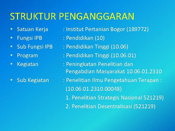 STRUKTUR PENGANGGARAN • • • Satuan Kerja Fungsi IPB Sub Fungsi IPB Program Kegiatan