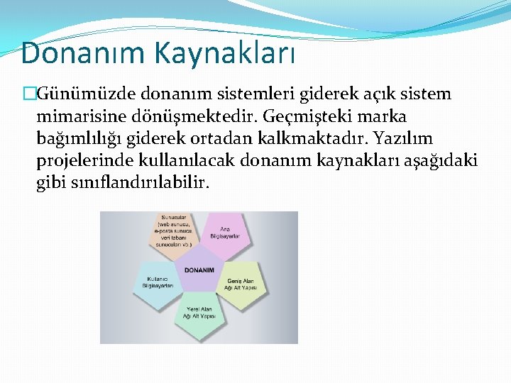 Donanım Kaynakları �Günümüzde donanım sistemleri giderek açık sistem mimarisine dönüşmektedir. Geçmişteki marka bağımlılığı giderek