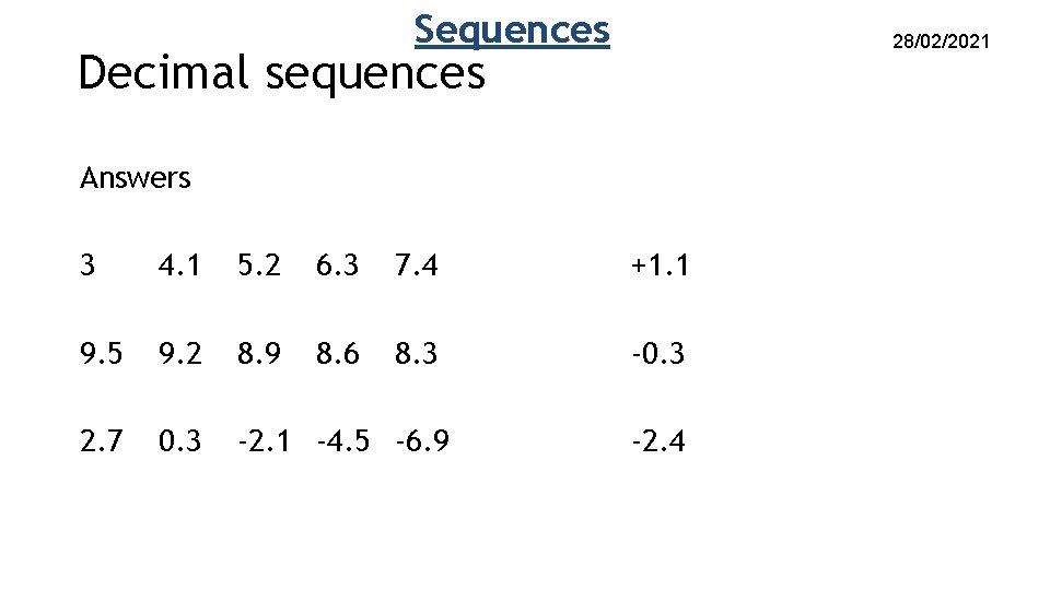 Sequences 28/02/2021 Decimal sequences Answers 3 4. 1 5. 2 6. 3 7. 4 Sequences 28/02/2021 Decimal sequences Answers 3 4. 1 5. 2 6. 3 7. 4
