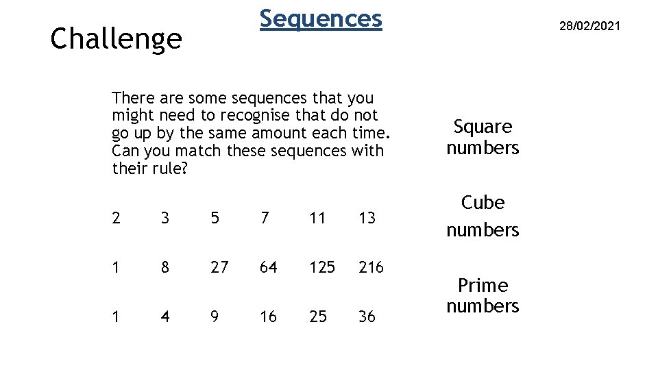 Sequences Challenge 28/02/2021 There are some sequences that you might need to recognise that Sequences Challenge 28/02/2021 There are some sequences that you might need to recognise that