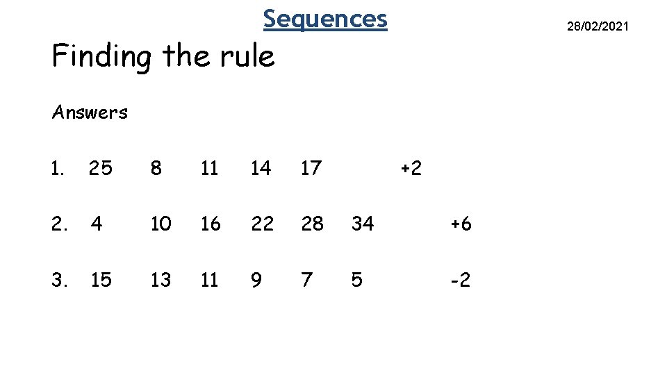 Sequences 28/02/2021 Finding the rule Answers 1. 25 8 11 14 17 2. 4 Sequences 28/02/2021 Finding the rule Answers 1. 25 8 11 14 17 2. 4