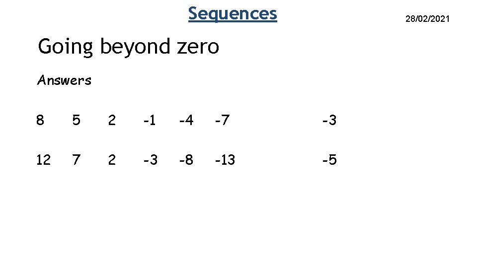 Sequences 28/02/2021 Going beyond zero Answers 8 5 2 -1 -4 -7 -3 12 Sequences 28/02/2021 Going beyond zero Answers 8 5 2 -1 -4 -7 -3 12