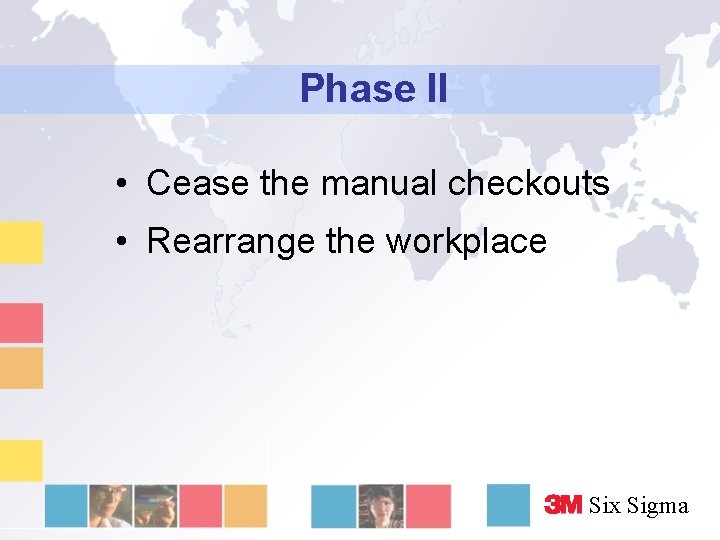 Phase II • Cease the manual checkouts • Rearrange the workplace Six Sigma 