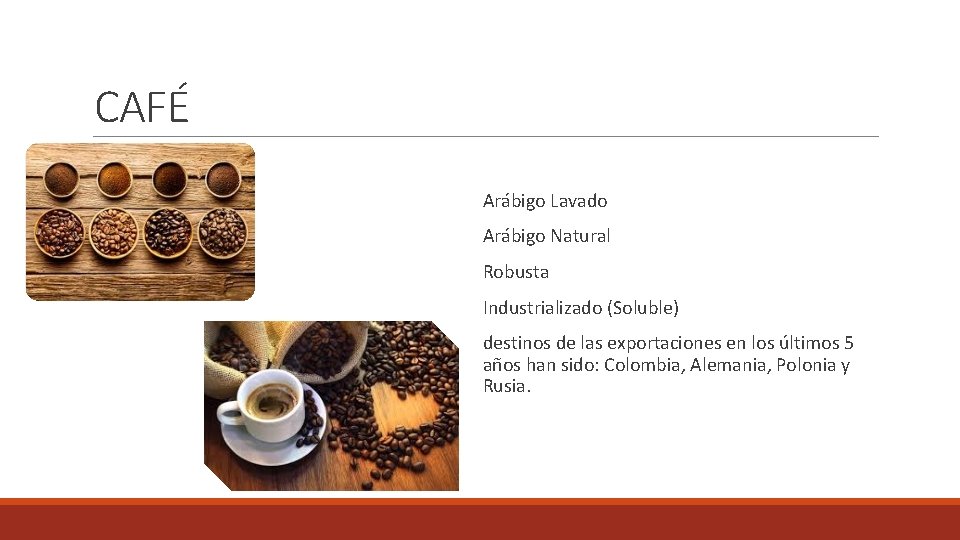 CAFÉ Arábigo Lavado Arábigo Natural Robusta Industrializado (Soluble) destinos de las exportaciones en los