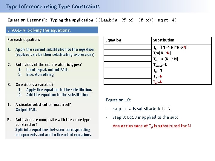 Type Inference using Type Constraints Question 1 (cont’d): Typing the application ((lambda (f x))