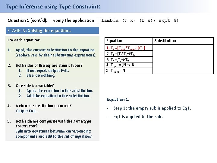 Type Inference using Type Constraints Question 1 (cont’d): Typing the application ((lambda (f x))