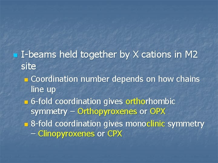 n I-beams held together by X cations in M 2 site Coordination number depends