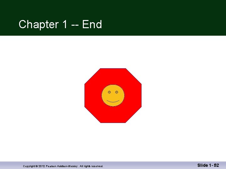 Chapter 1 -- End Copyright © 2012 Pearson Addison-Wesley. All rights reserved. Slide 1