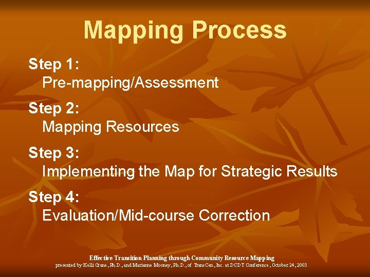 Mapping Process Step 1: Pre-mapping/Assessment Step 2: Mapping Resources Step 3: Implementing the Map