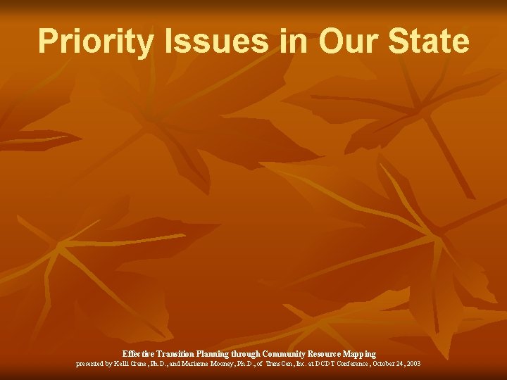 Priority Issues in Our State Effective Transition Planning through Community Resource Mapping presented by