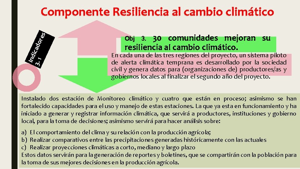 Ind 3. 1 i cado res Componente Resiliencia al cambio climático 30 comunidades mejoran