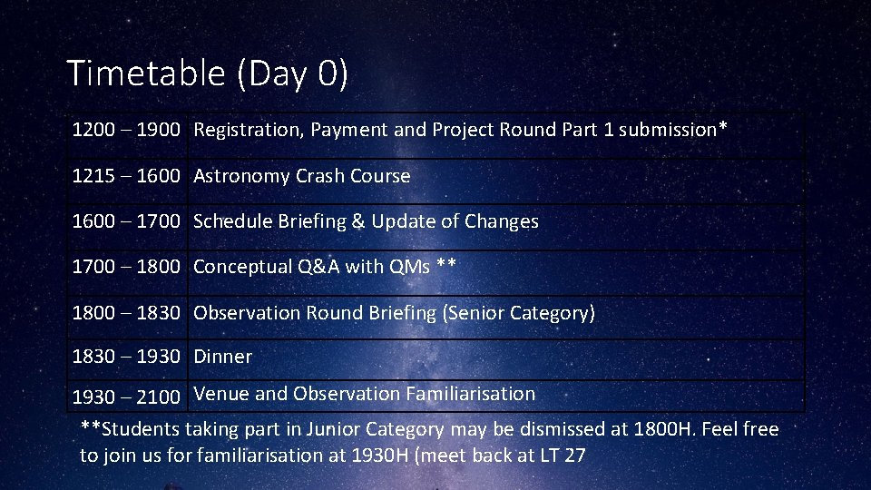 Timetable (Day 0) 1200 – 1900 Registration, Payment and Project Round Part 1 submission*