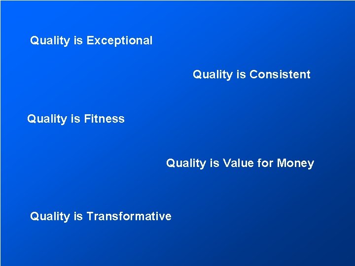 Quality is Exceptional Quality is Consistent Quality is Fitness Quality is Value for Money