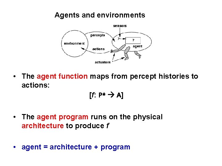 Agents and environments • The agent function maps from percept histories to actions: [f: Agents and environments • The agent function maps from percept histories to actions: [f: