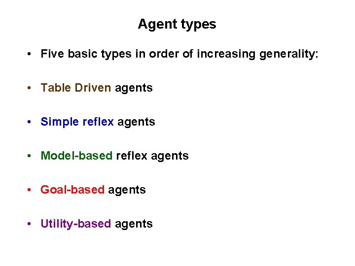 Agent types • Five basic types in order of increasing generality: • Table Driven Agent types • Five basic types in order of increasing generality: • Table Driven