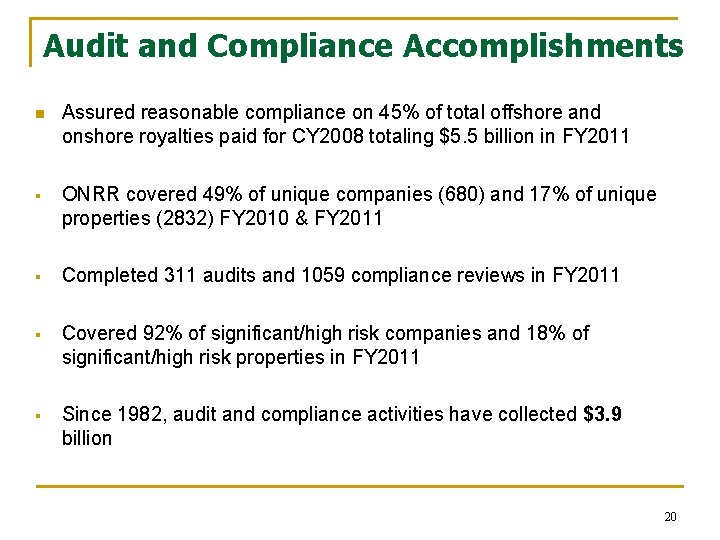 Audit and Compliance Accomplishments n Assured reasonable compliance on 45% of total offshore and