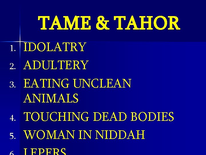 TAME & TAHOR 1. 2. 3. 4. 5. IDOLATRY ADULTERY EATING UNCLEAN ANIMALS TOUCHING