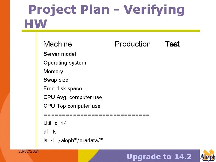 Project Plan - Verifying HW Machine Production Test Server model Operating system Memory Swap