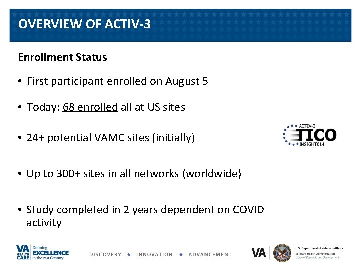 OVERVIEW OF ACTIV-3 Enrollment Status • First participant enrolled on August 5 • Today: