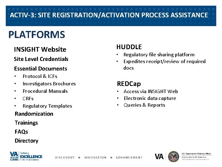 ACTIV-3: SITE REGISTRATION/ACTIVATION PROCESS ASSISTANCE PLATFORMS INSIGHT Website Site Level Credentials Essential Documents •