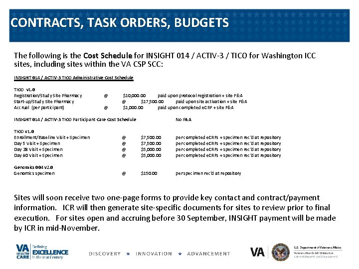 CONTRACTS, TASK ORDERS, BUDGETS The following is the Cost Schedule for INSIGHT 014 /