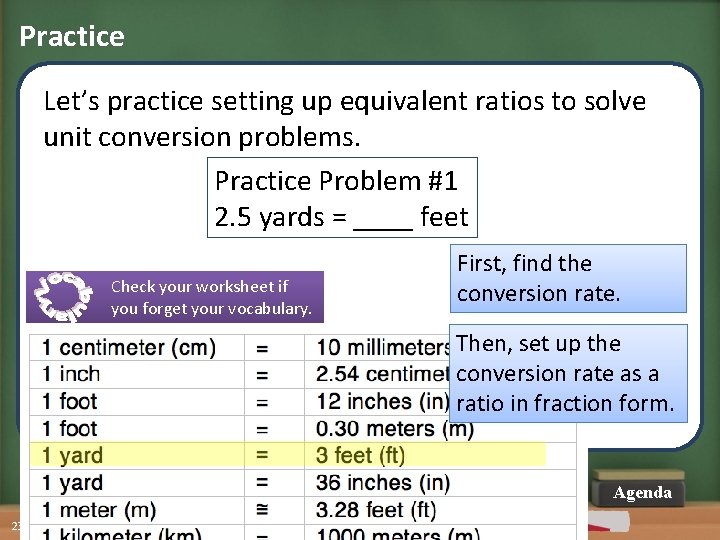 Practice Let’s practice setting up equivalent ratios to solve unit conversion problems. Practice Problem
