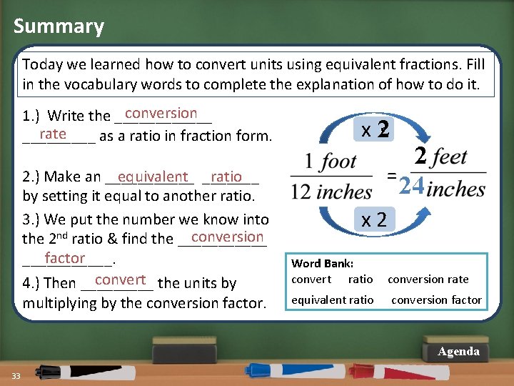 Summary Today we learned how to convert units using equivalent fractions. Fill in the
