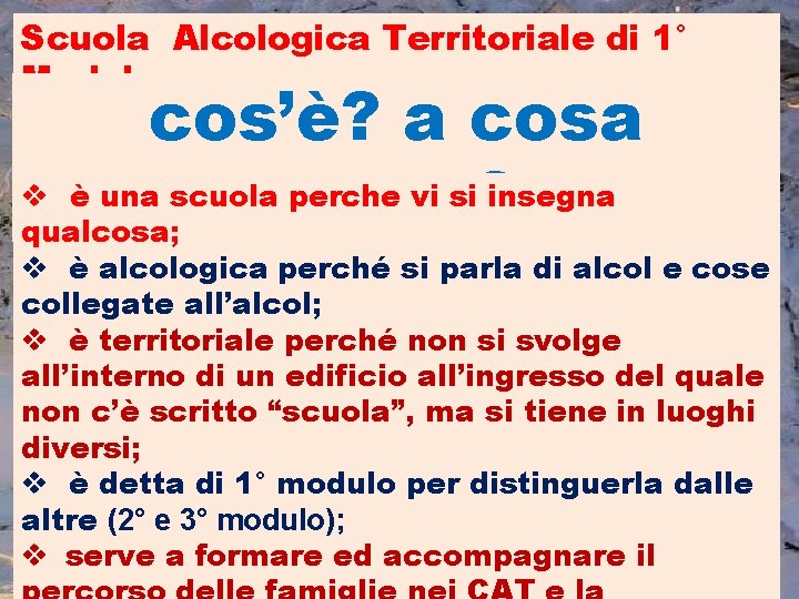 Scuola Alcologica Territoriale di 1° Modulo cos’è? a cosa v è una scuolaserve? perche