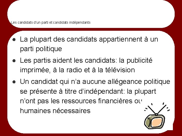 Les candidats d’un parti et candidats indépendants ● La plupart des candidats appartiennent à