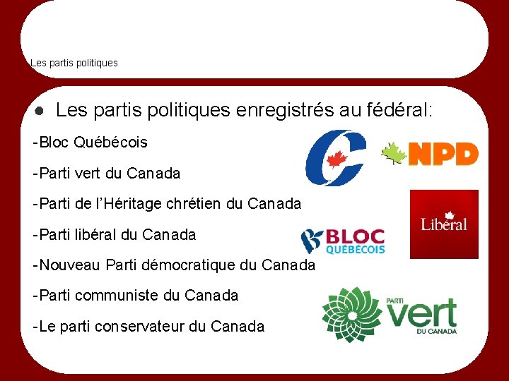 Les partis politiques ● Les partis politiques enregistrés au fédéral: -Bloc Québécois -Parti vert