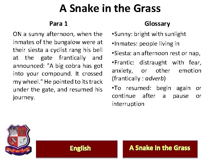 A Snake in the Grass Para 1 Glossary ON a sunny afternoon, when the