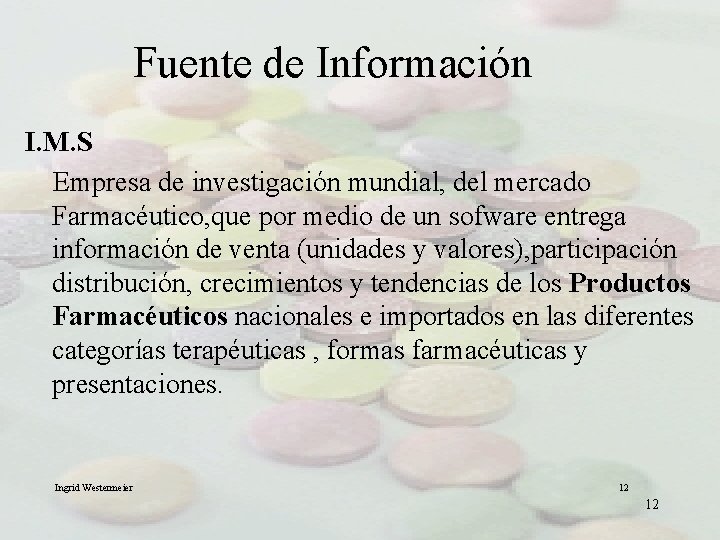 Fuente de Información I. M. S Empresa de investigación mundial, del mercado Farmacéutico, que