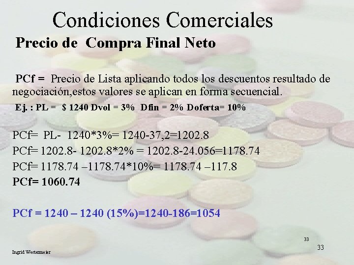 Condiciones Comerciales Precio de Compra Final Neto PCf = Precio de Lista aplicando todos