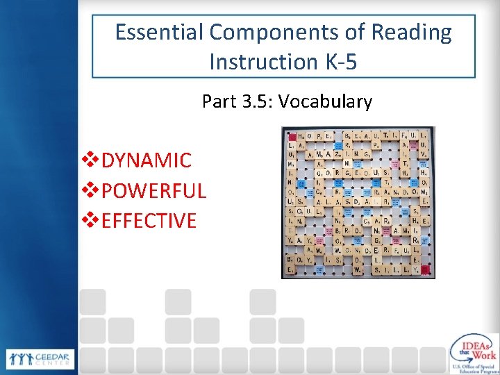 Essential Components of Reading Instruction K-5 Part 3. 5: Vocabulary v. DYNAMIC v. POWERFUL