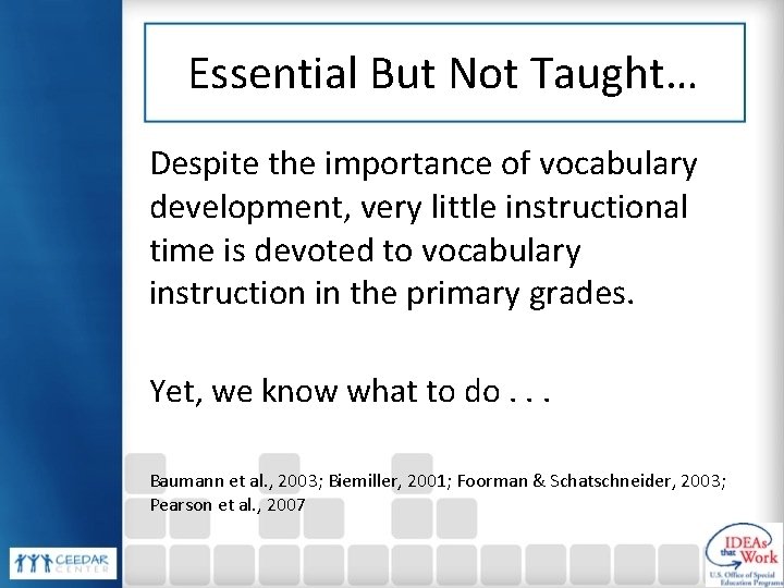Essential But Not Taught… Despite the importance of vocabulary development, very little instructional time