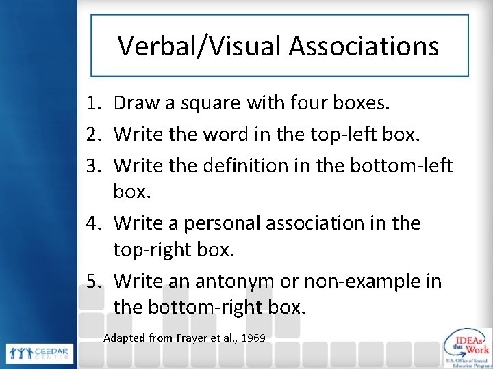 Verbal/Visual Associations 1. Draw a square with four boxes. 2. Write the word in