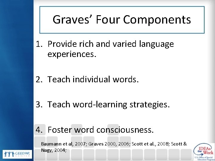 Graves’ Four Components 1. Provide rich and varied language experiences. 2. Teach individual words.