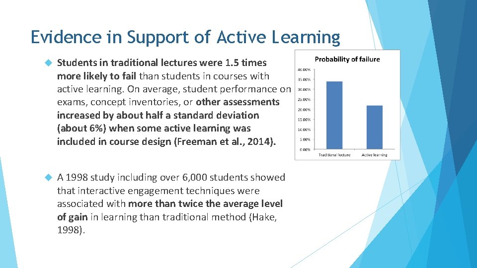 Evidence in Support of Active Learning Students in traditional lectures were 1. 5 times