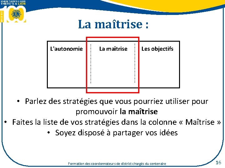 La maîtrise : L'autonomie La maîtrise Les objectifs • Parlez des stratégies que vous