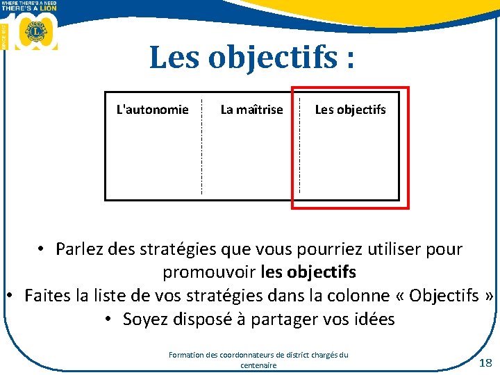 Les objectifs : L'autonomie La maîtrise Les objectifs • Parlez des stratégies que vous