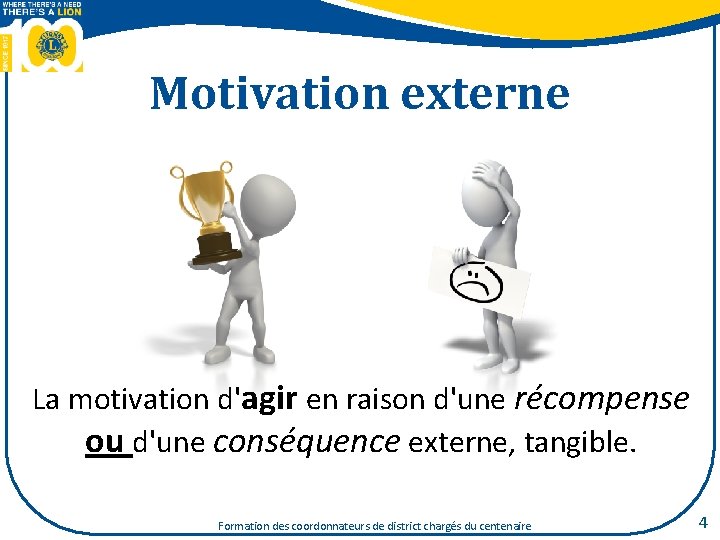 Motivation externe La motivation d'agir en raison d'une récompense ou d'une conséquence externe, tangible.