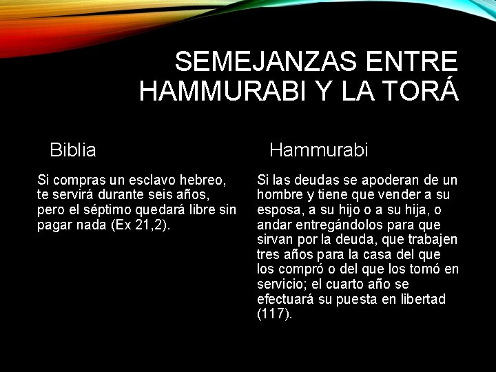 SEMEJANZAS ENTRE HAMMURABI Y LA TORÁ Biblia Si compras un esclavo hebreo, te servirá