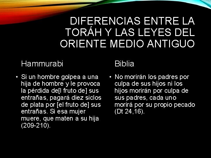 DIFERENCIAS ENTRE LA TORÁH Y LAS LEYES DEL ORIENTE MEDIO ANTIGUO Hammurabi • Si