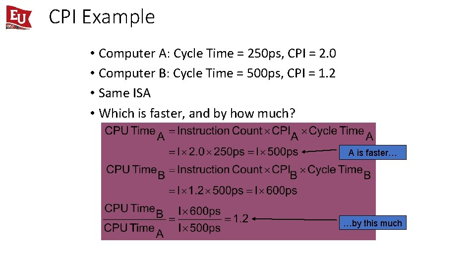 CPI Example • Computer A: Cycle Time = 250 ps, CPI = 2. 0