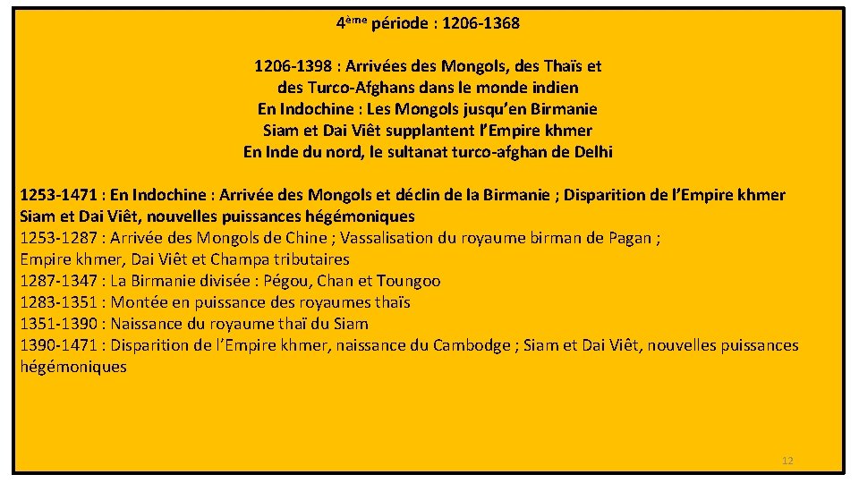4ème période : 1206 -1368 1206 -1398 : Arrivées des Mongols, des Thaïs et