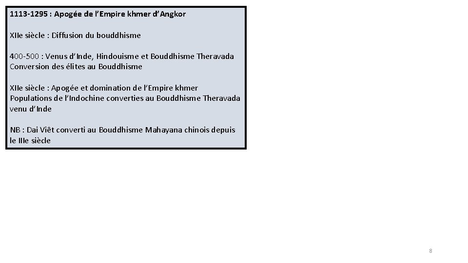 1113 -1295 : Apogée de l’Empire khmer d’Angkor XIIe siècle : Diffusion du bouddhisme