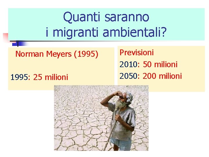 Quanti saranno i migranti ambientali? Norman Meyers (1995) 1995: 25 milioni Previsioni 2010: 50