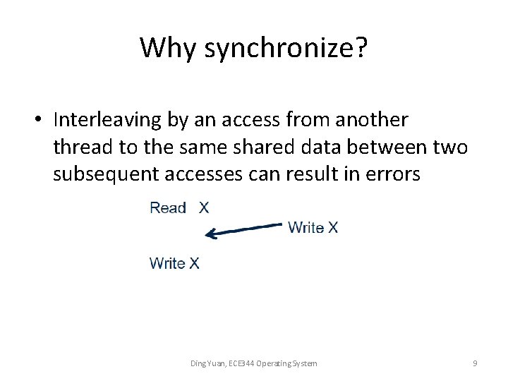 Why synchronize? • Interleaving by an access from another thread to the same shared