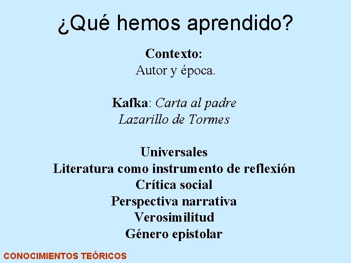 ¿Qué hemos aprendido? Contexto: Autor y época. Kafka: Carta al padre Lazarillo de Tormes